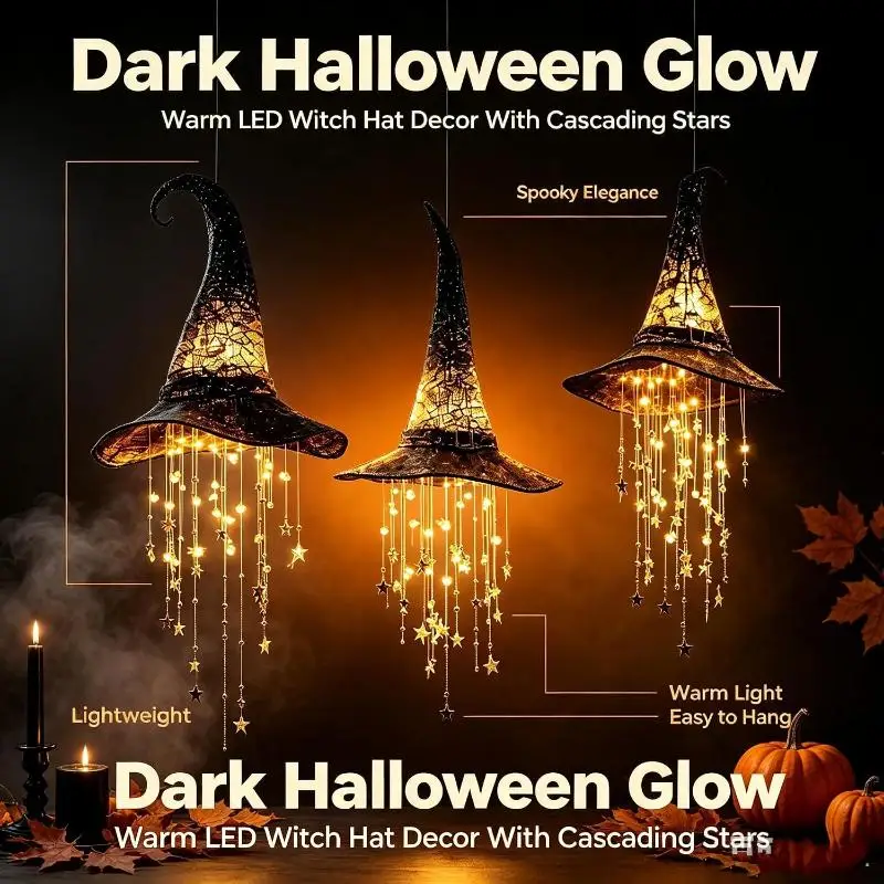 Beleuchteter Hexenhut mit Hängeklang, Halloween-Außendekoration, leuchtende Mesh-Kaskadensterne, schwarzer Rahmen, Partydekoration – Detail 8
