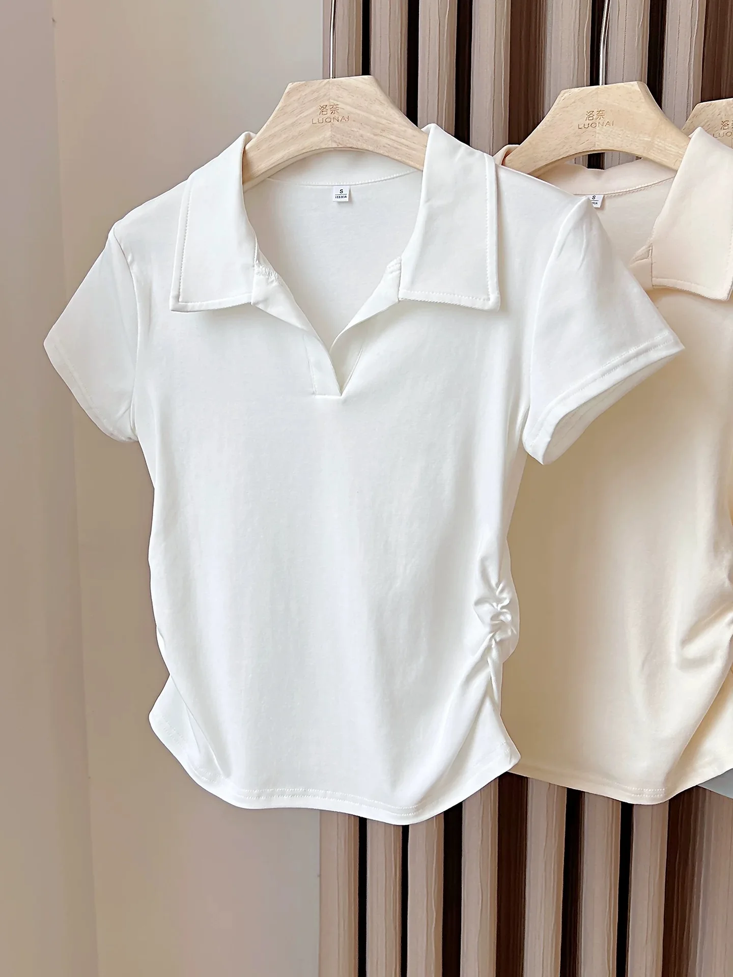 Summer Short Sleeve  Neck T-Shirt Women plus Size Slimming Waist Design Folded up Top Cotton 95% Elastic Fiber 5%