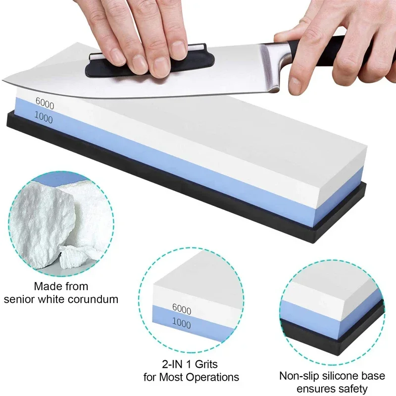 Double Side Whetstone Non Slip Bamboo Base Knife Coarse Fine Sharpening Polishing Water Sharpener Angle Guide Flattening Stone