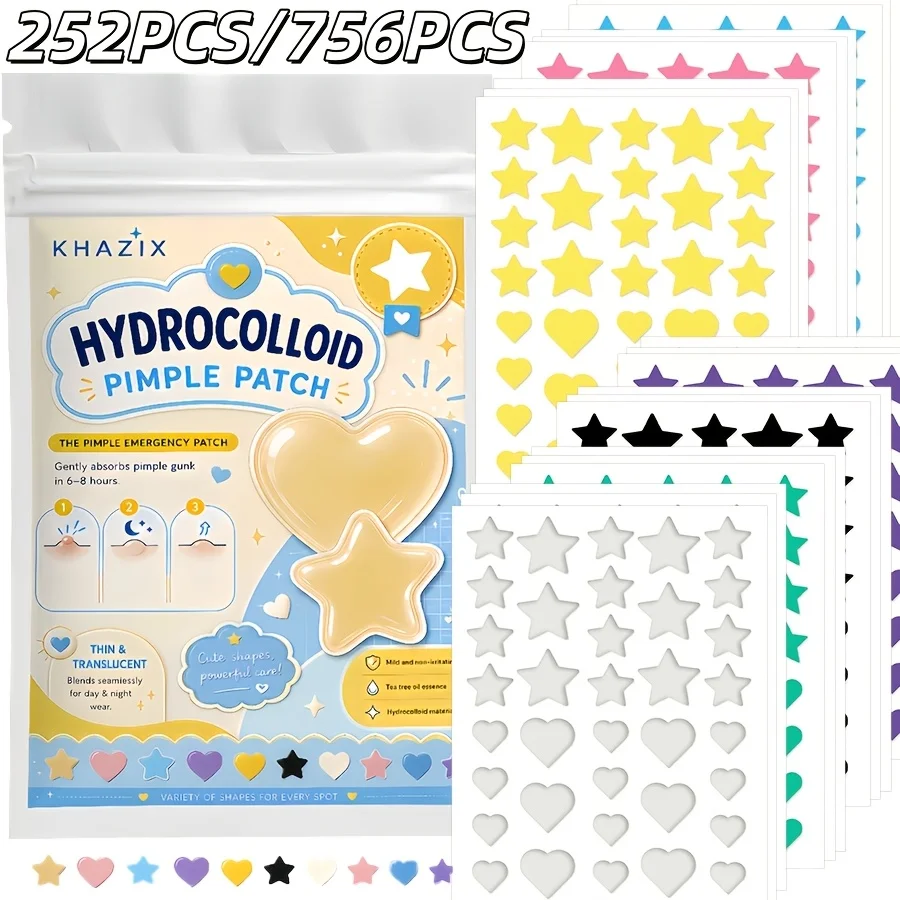7 colors, 252 PCS/756 PCS. Star acne patch facial hydrogel acne patch, gentle and non-irritating, invisible and beautiful