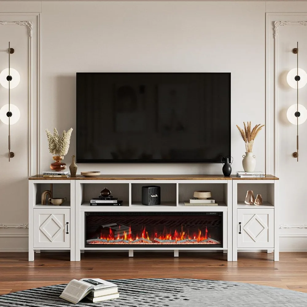 Fireplace white TV cabinet, maximum 110 inch TV, with 60 inch electric fireplace and storage cabinet