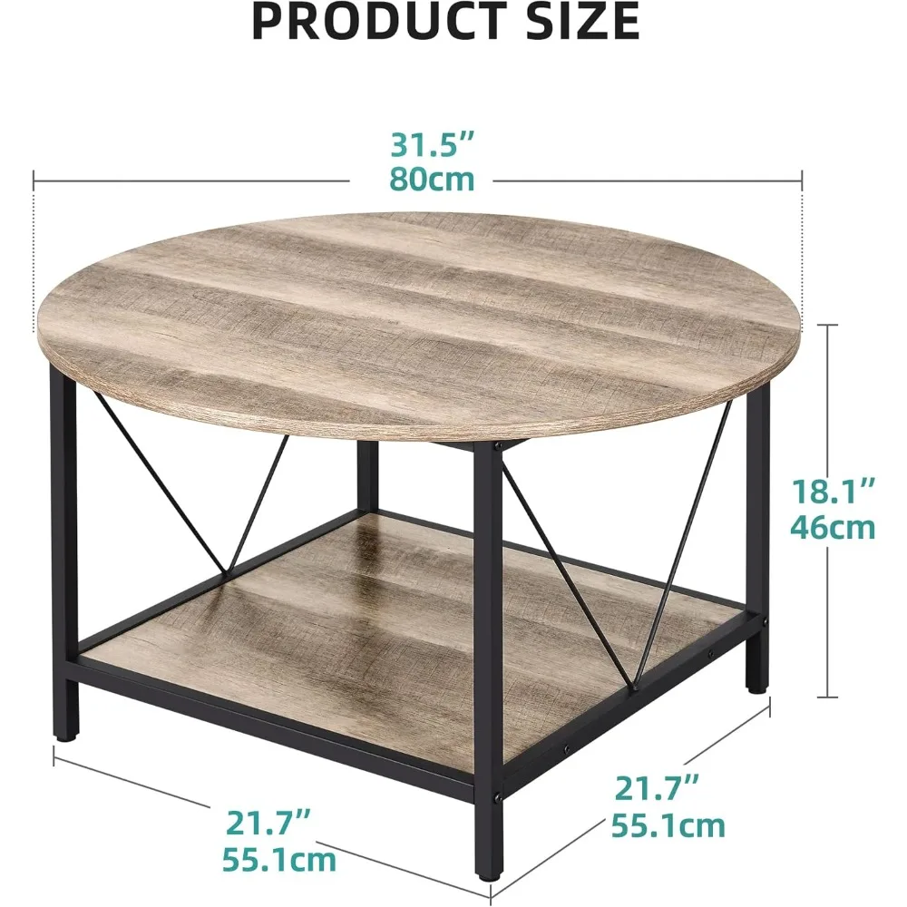 Table basse circulaire en bois rustique avec pieds en métal robustes, étagère de rangement, table centrale, meubles de maison, salon