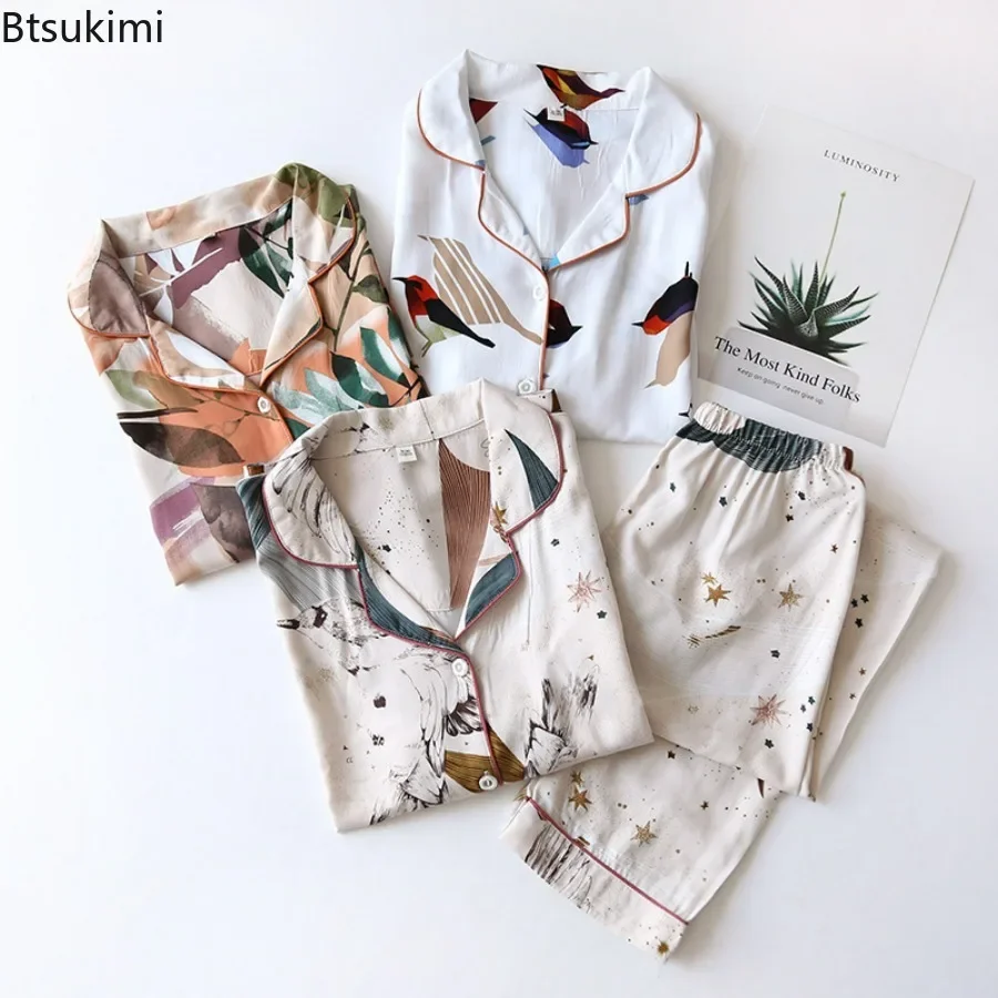 2024 Soft Cotton Pajamas Sets Women Printed Home Clothes Suit Sets Spring Summer Autumn Long Sleeve Sleepwear Female Homewear