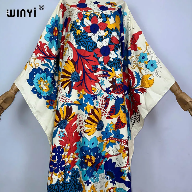 WINYI gaun Maxi untuk wanita, Gaun panjang Kaftan sutra bercetak populer boho Mode Kulit baru 2023