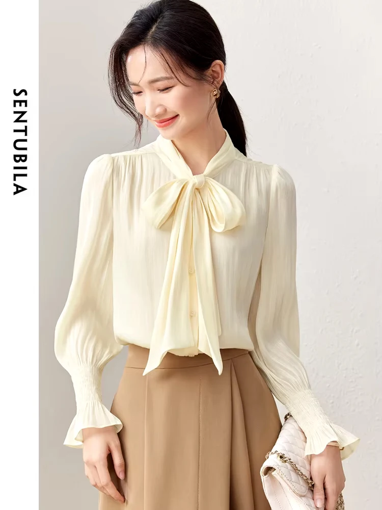 SENTUBILA Pleated Bow Neck Chiffon Blouses Women 2024 Autumn Long Sleeve Casual Female Elegant Temperament Shirts Tops 133V50182