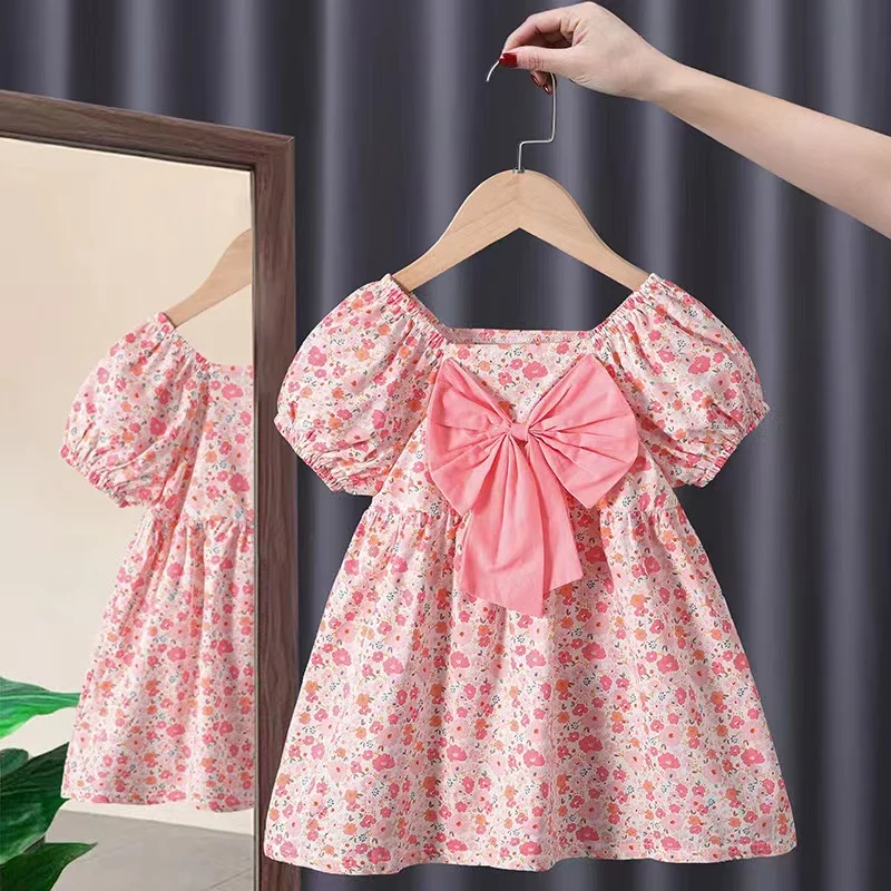 

Congme Summer Baby Girls Fashion Clothing Dress Kids Korean Style Short Sleeves Floral Bow Princess Dress Outfits Cute Skirt