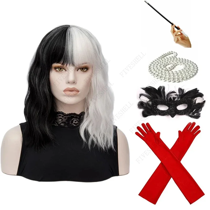 

Cosplay Halloween Costume Party White With Wig Black CRUELLA Bangs Short Deville De Vil Bob Ladies Heat-Resistant Synthetic Wig