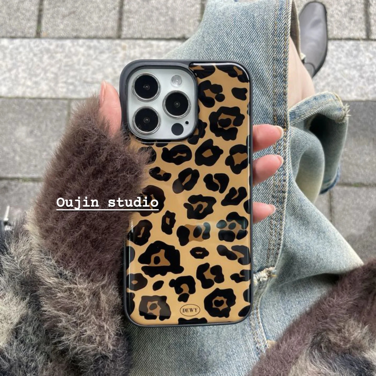 Korean  Stylish Leopard Print Phone Case iphone16pro/15Pro Max/14Pro Apple 13 Drop-Resistant Black Edge Phone Case for Girls