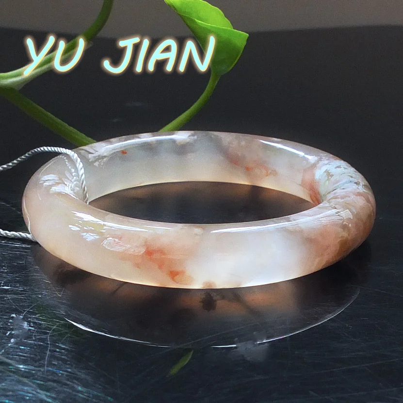 Rare Natural Cherry Blossom Agate Elegance Exquisite Jade Bracelet Ice Chalcedony Flower Grass Round Bar Bangle Handring Jewelry