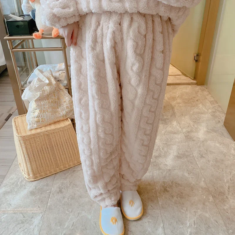 Women Sleep Bottoms Pants Solid 2024 Winter Velvet Thick Pajama Trousers Soft Warm Flannel Sleepwear Female Casual Homewear