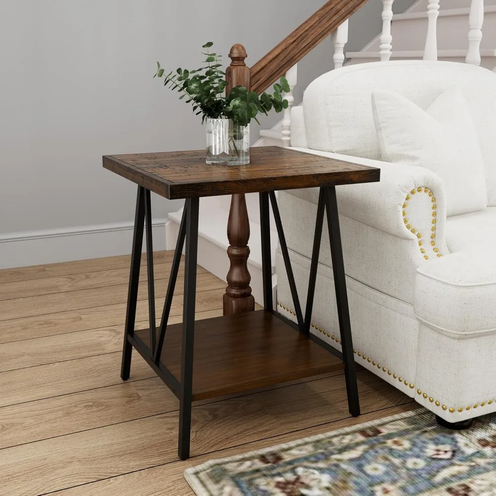 Industrial Wood Table Set for Living Room, Coffee Table and Side Table with 2-Tier Storage Shelves for Bedroom, Office - Black M