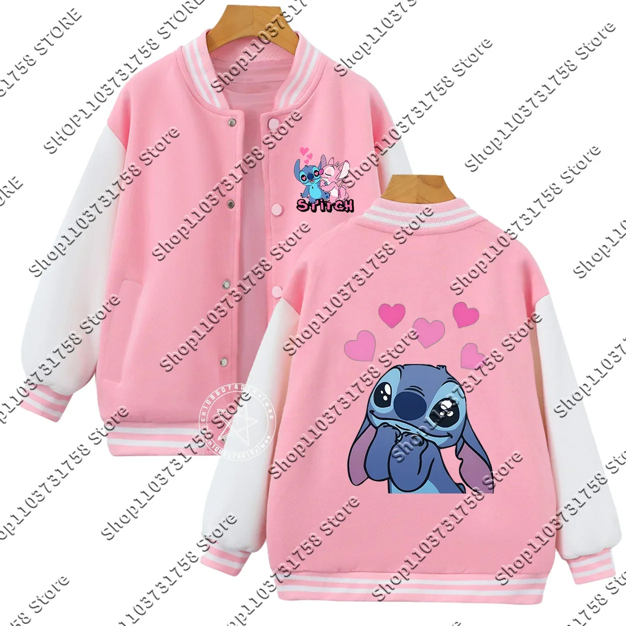 Disney Stitch Kids monogram print for students ages 2-14 Fall Winter Thickened base out cardigan boys girls baseball uniform