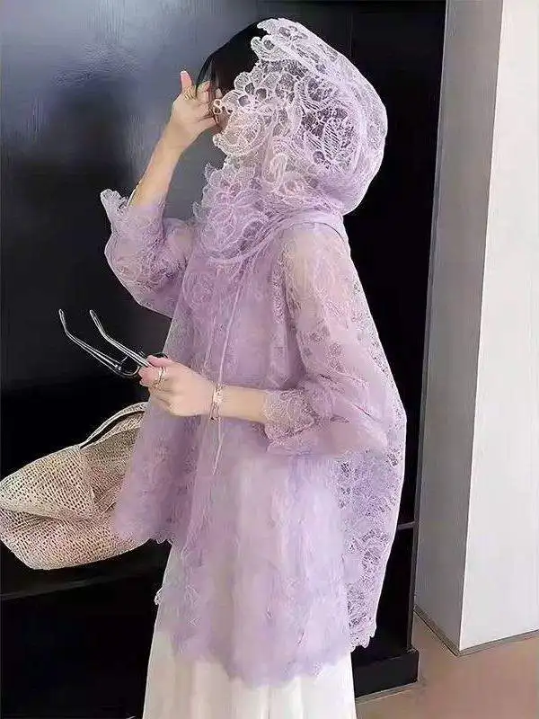 

plus Size Purple Lace UV Protection Shirt Women Summer Lightweight Hooded Outerwear Casual Style Loose Fit Seven Sleeve Length