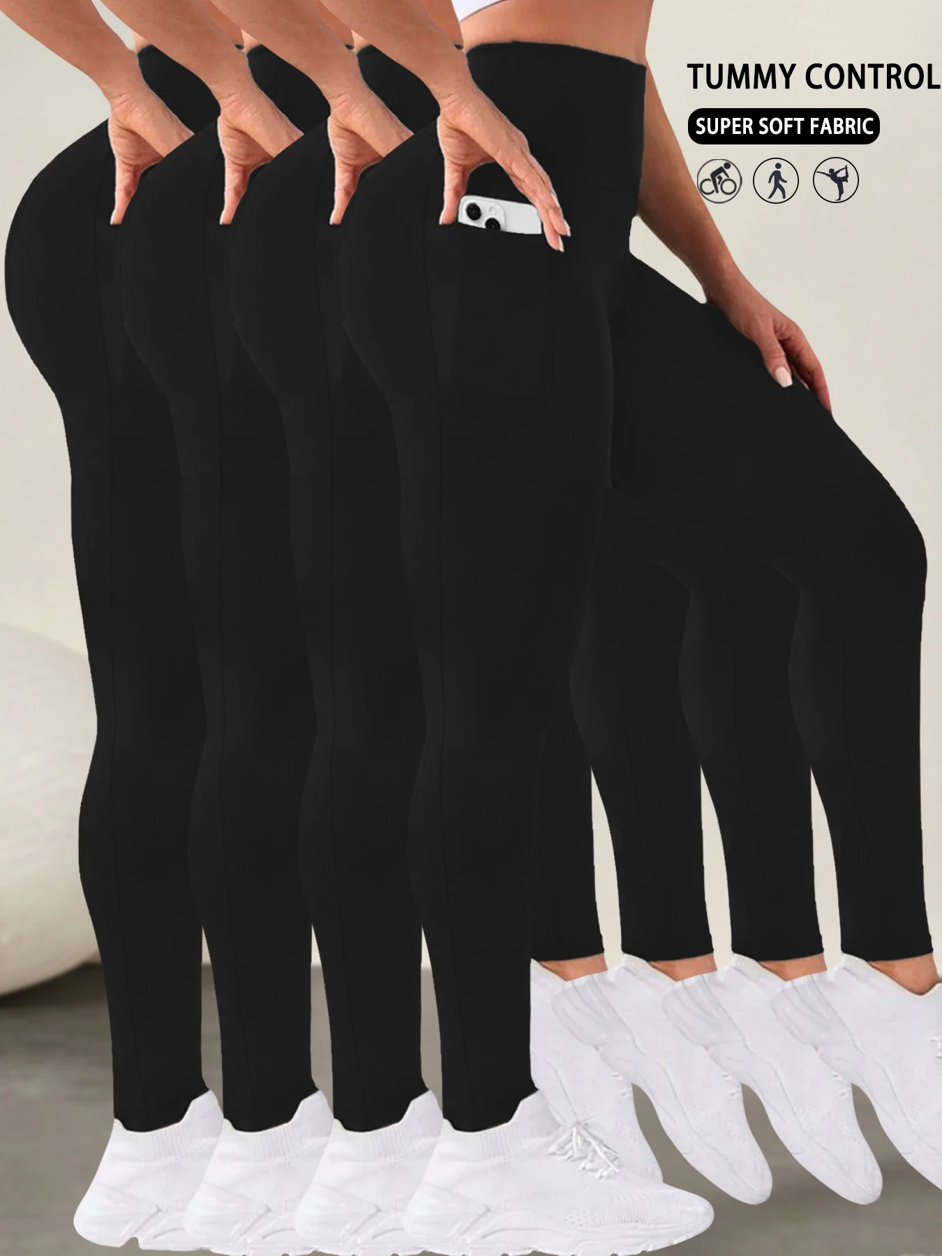 

Комплект из 4 супермягких спортивных леггинсов с карманами для женщин, обтягивающие брюки с высокой талией для тренировок, йоги и бега.