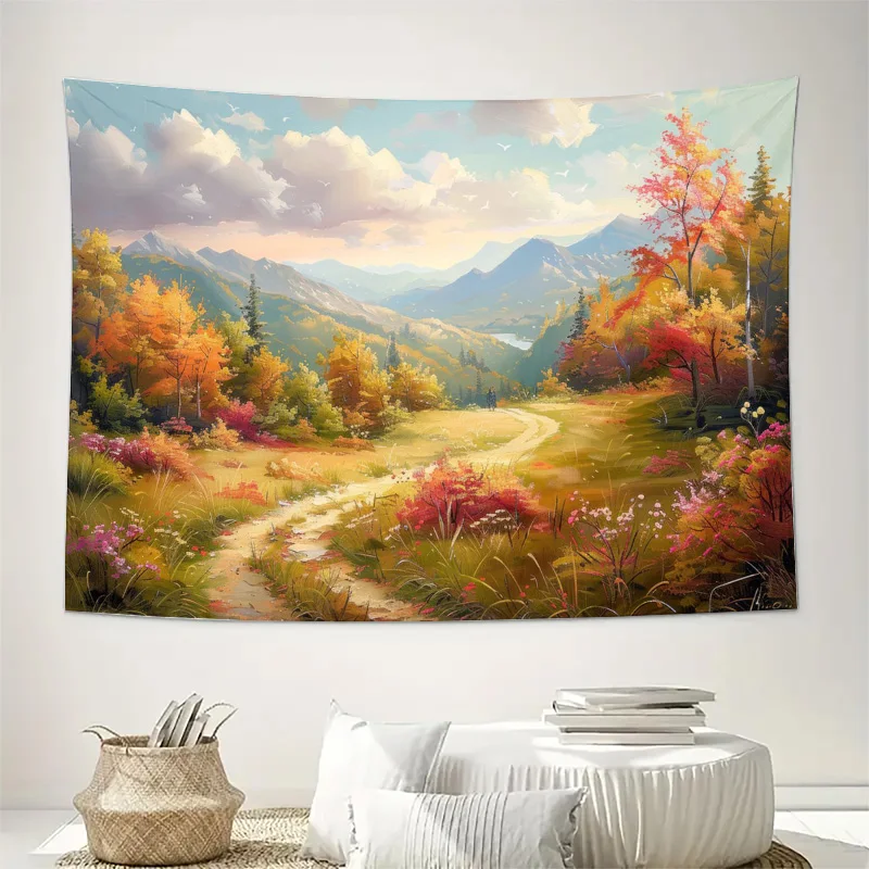 Premium Autumn Landscape Tapestry Wall Hanging Mural Art Print for Living Room Home Decor Rustic Nature Mountain Scenic Woodland