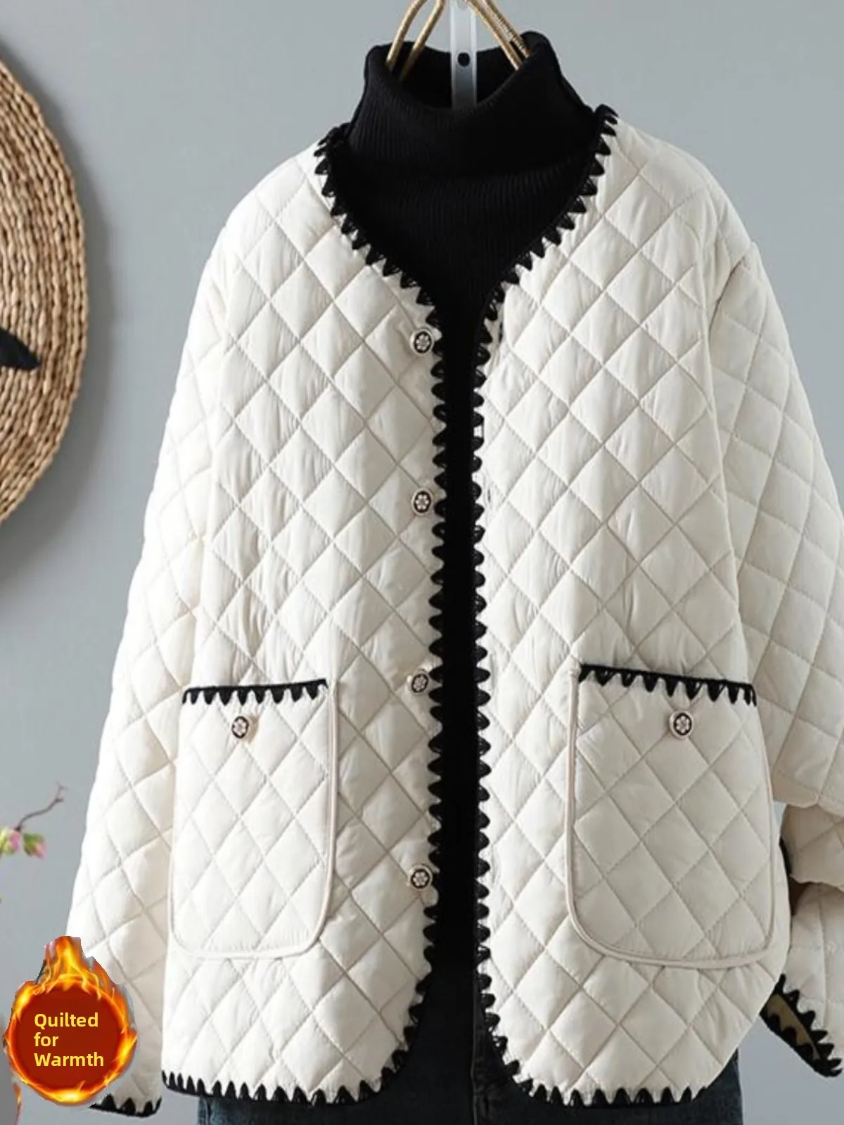 

Winter Commute Sle ort Open Cardigan Stand Collar Long Sve Diamond Pattern Cotton Top Women's Faion Inner Wear