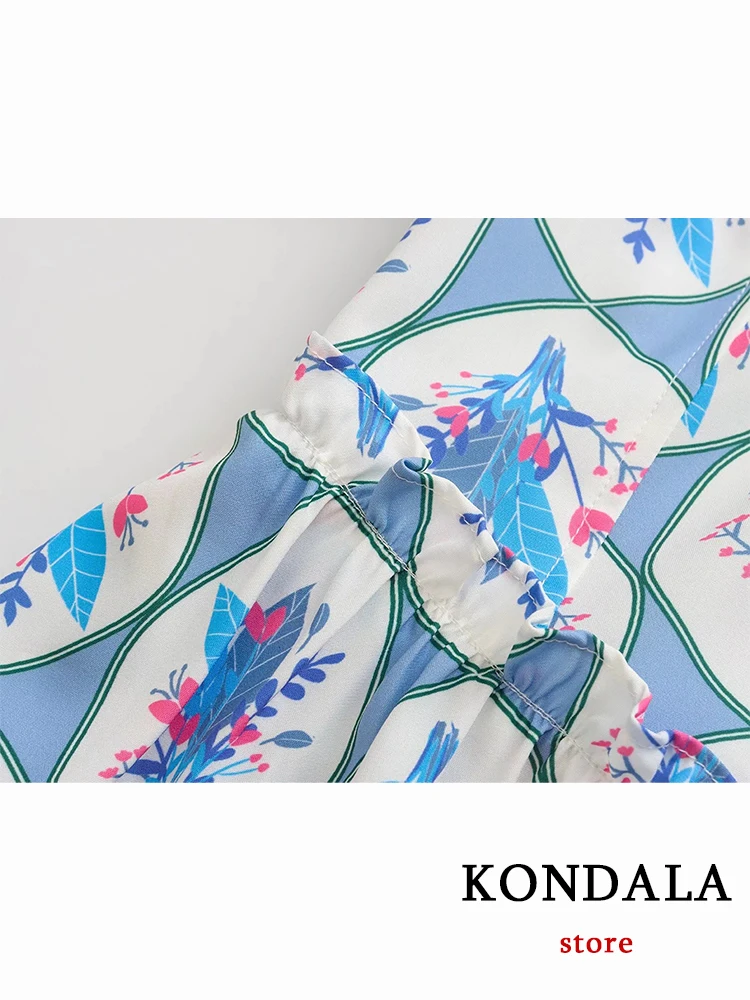 Kondala boho azul floral impressão mini vestido feminino laço de manga curta babados moda 2022 vestido de verão elegante mujer vestidos