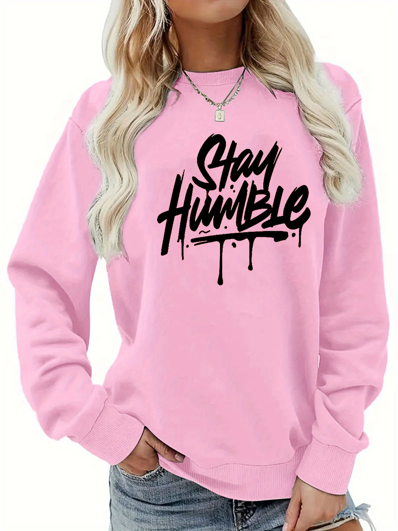 بلوفر نسائي كاجوال للخريف والشتاء فضفاض ومريح ودافئ ومطبوع برقبة دائرية وأكمام طويلة