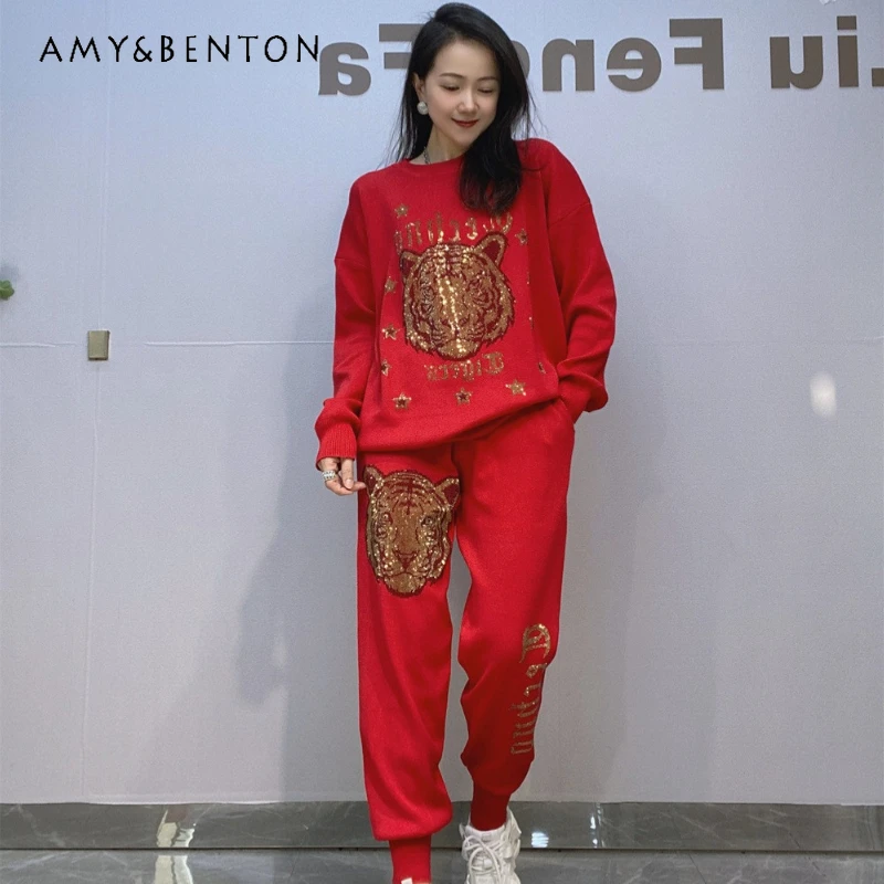 

Women's Crew Neck Knitted Sweater Two-Piece Set Autumn Fashion Loose Casual Outfit Oversized Rhinestone Top Sweatshirt Pullovers