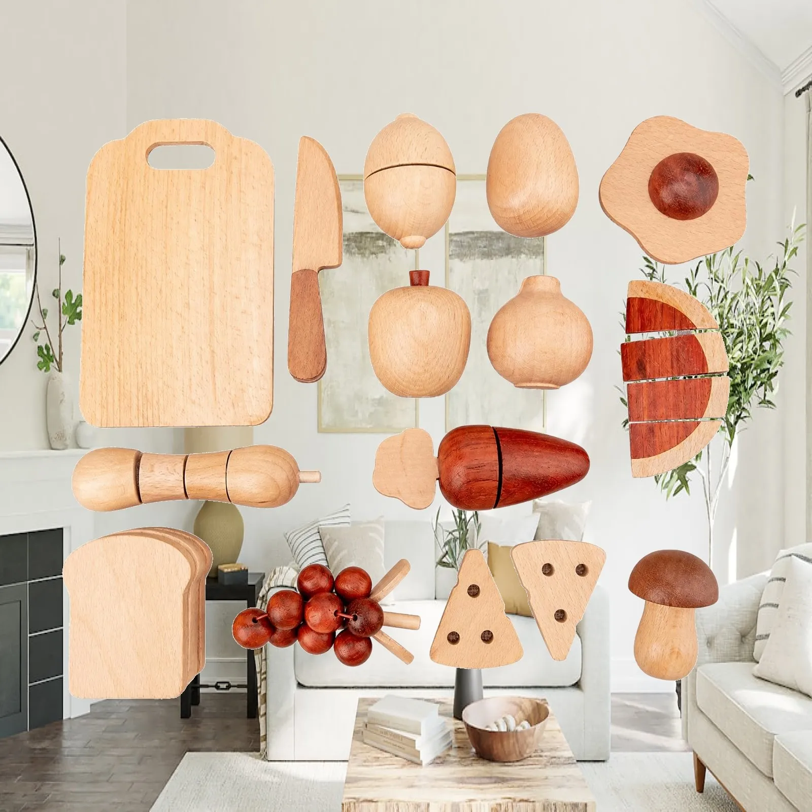 Kids Wooden Kitchen Toy Set Industrial Game with Play Food Cutting Board for Children Pretend Cooking Role Play
