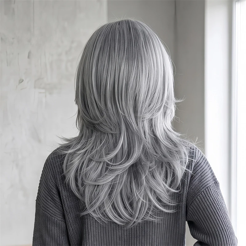 Ash Grey Shaggy Wolf Layered Medium Long Wigs 18 Inch Fluffy Outward Curly Ends Fashion Unisex Daily Styling Full Head Wig