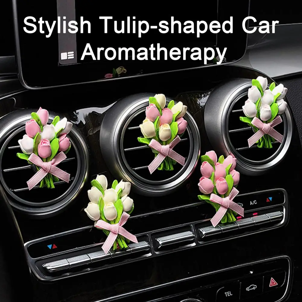 Car Air Freshener Creative Shape Vivid Color Tulip Dry Flower Bouquet Car Air Vent Clip Essential Oil Diffuser