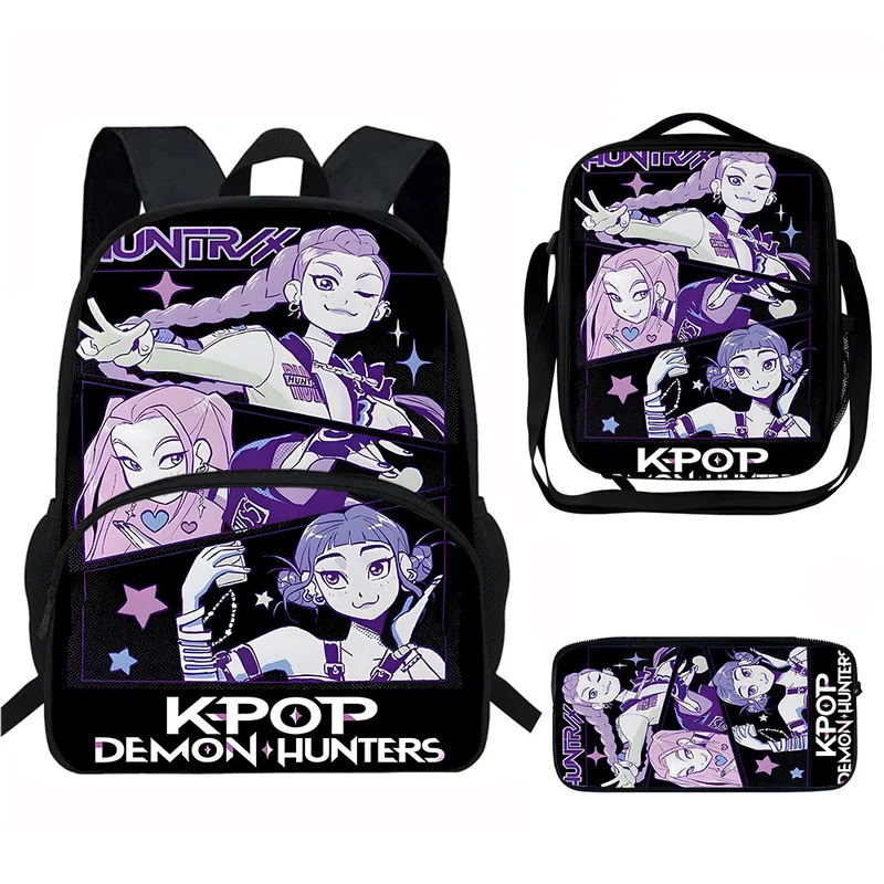 3 pçs kpop demônio caçadores saco de escola estudante mochila kpop demônios caçadores bookbag almoço saco pencial para meninas estudantes mochila