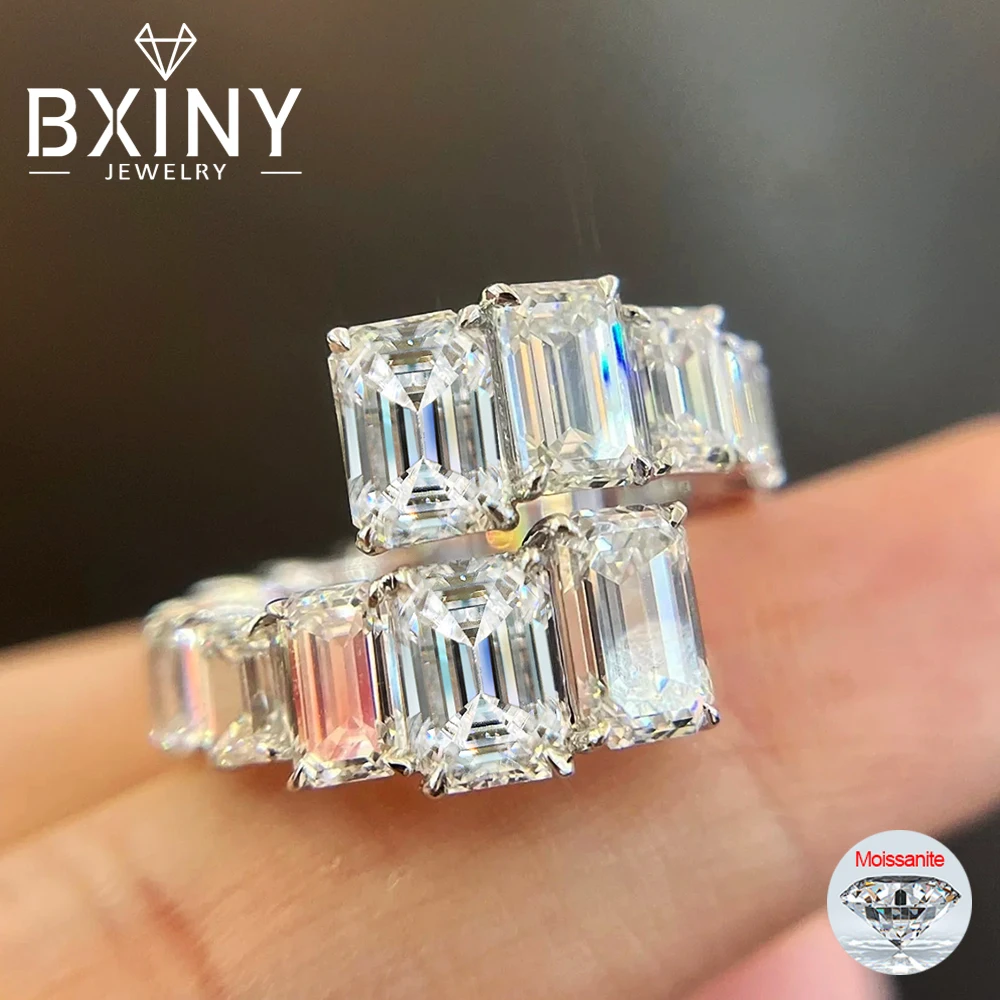 

BXINY 2cttw Emerald Cut Moissanite Open Ring 925 Sterling Silver for Women Men Lab Diamond Adjustable Band Fine Jewelry with GRA