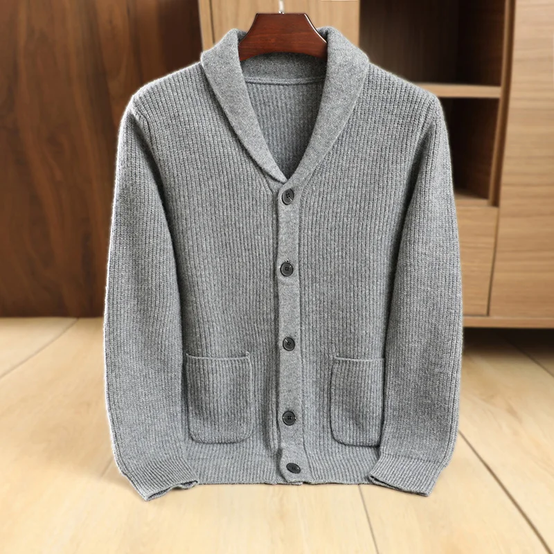 Męski Wysokiej Jakości Kardigan Polo Kołnierzyk Jesień Zima Grube Guziki 100% Wełna Merino Sweter Elegancki Casual Płaszcz Kaszmirowa Dzianina