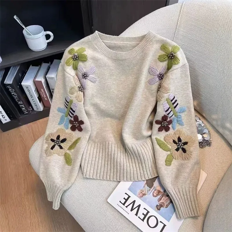 MsChuh Casual All-match Loose Simple Style Sweater Pulls Femmes Pullover Women's Jumper Retro Embroidery Round Neck Flower Chic