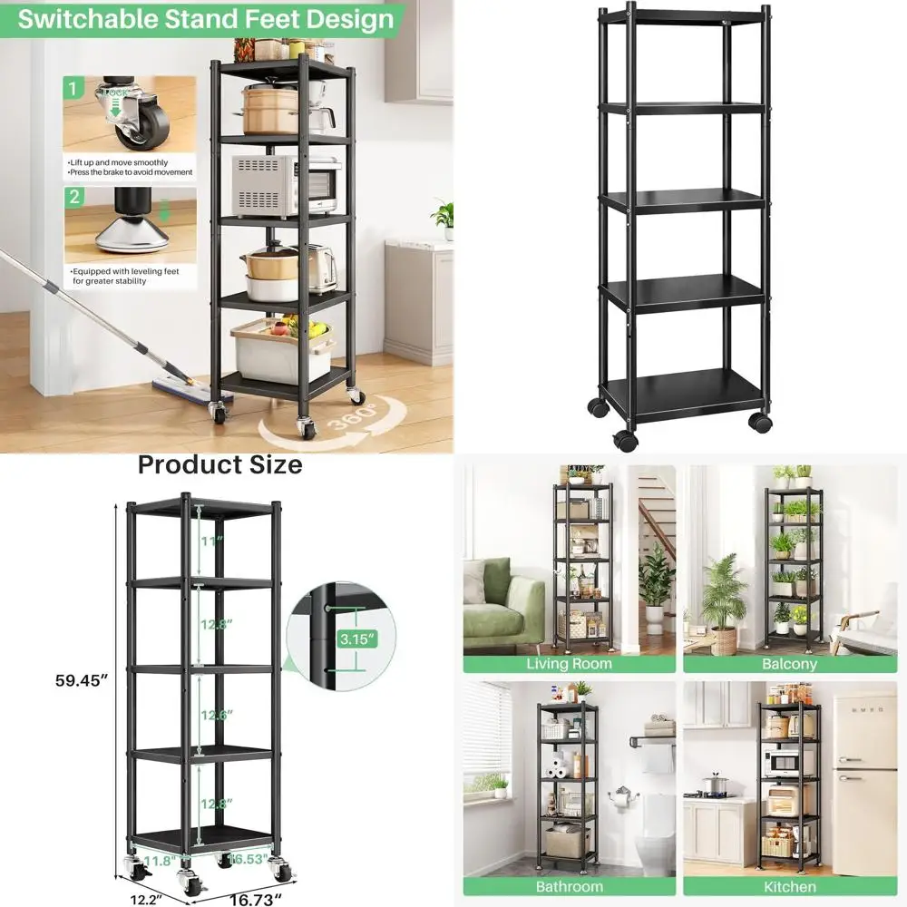 

5-Tier Adjustable Metal Kitchen Storage Rack with Wheels, Rolling Pantry Organizer for Home or Laundry Closet