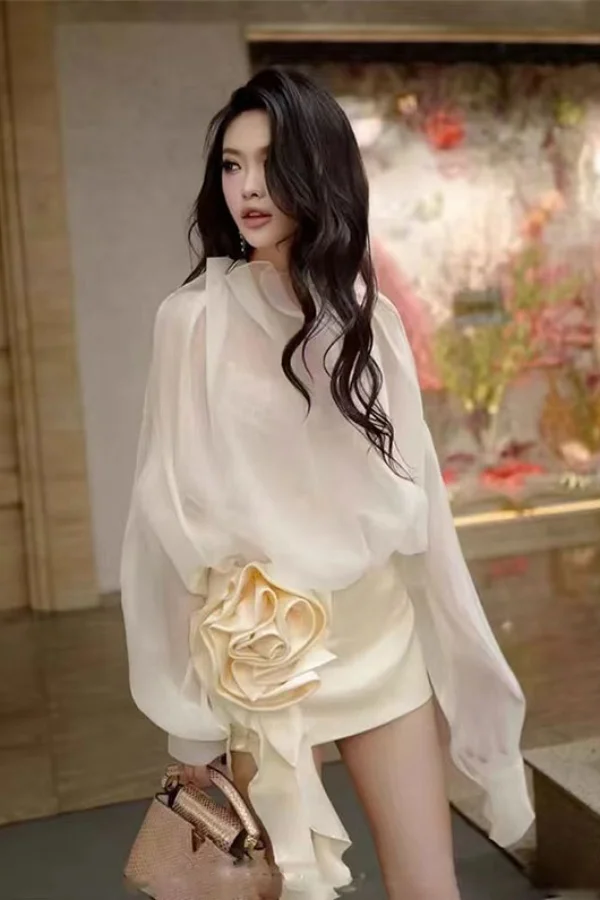 

2025 Korean Aesthetic Sheer Blouse Set Spring Summer Floral Lace Trim Dress Women's Elegant Office Two Piece Outfit Chic Style