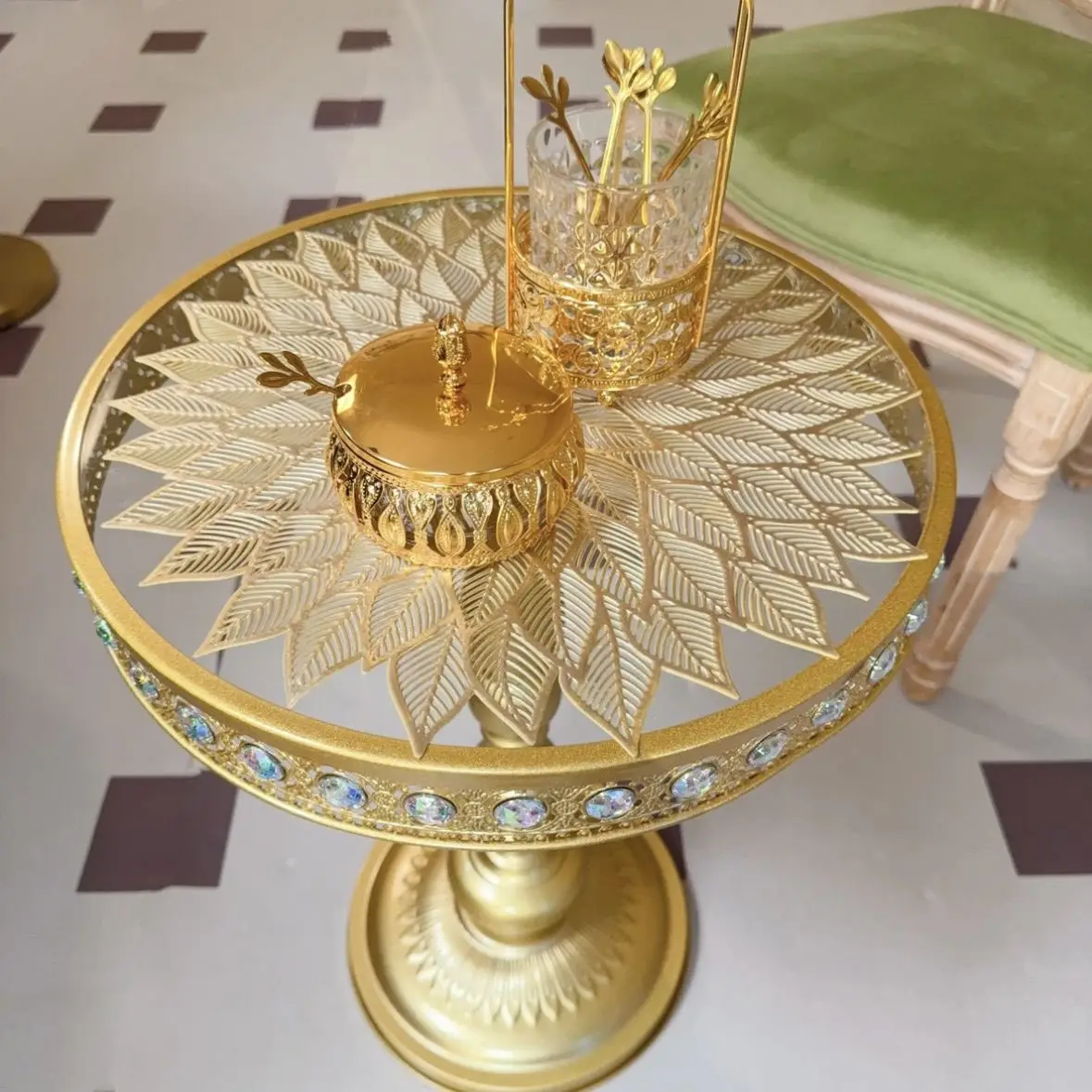 Light Luxury French Living Room  Gold European  Hotel  Home Side Table Luxury Carved  American Retro  Coffee Table  Round