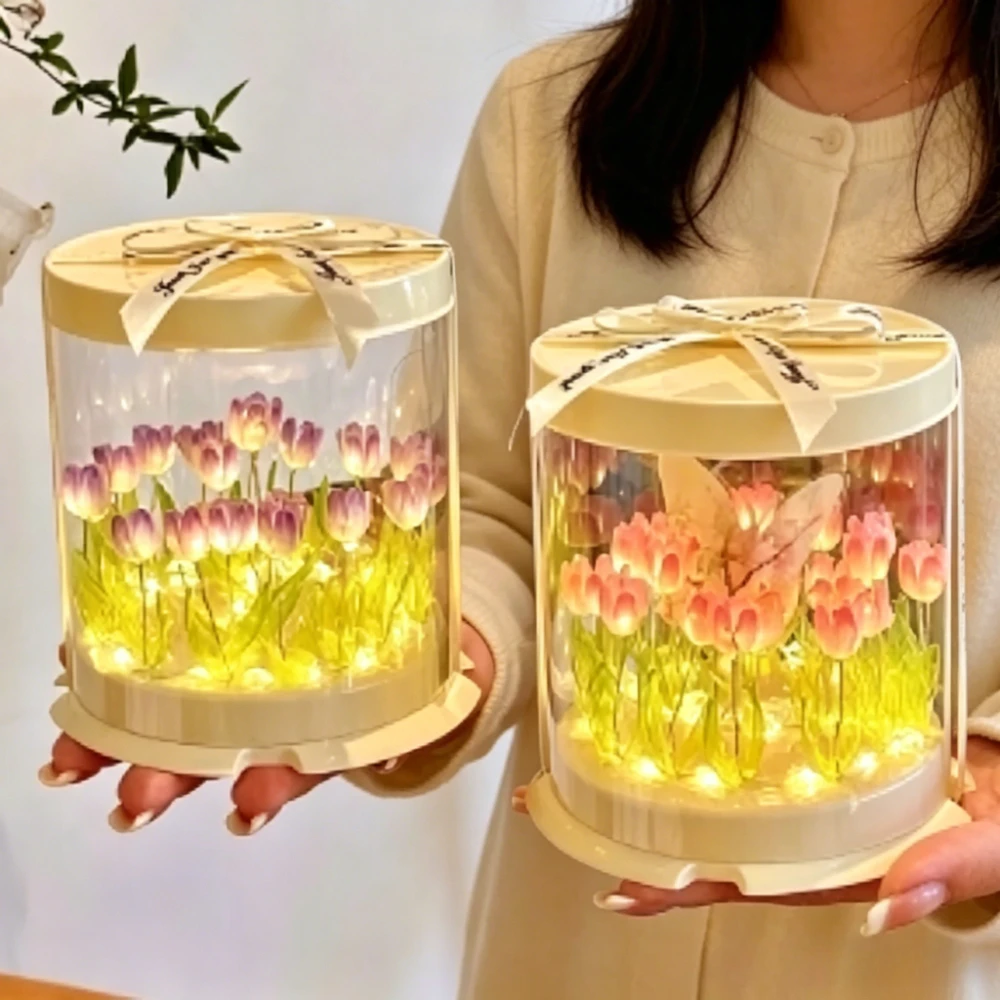 Tulip Lamp DIY Handmade Material Package,Simulation Flower Sea Cake Box Bedroom Sleeping Table Lamp Craft Decor Tulip Gift Light