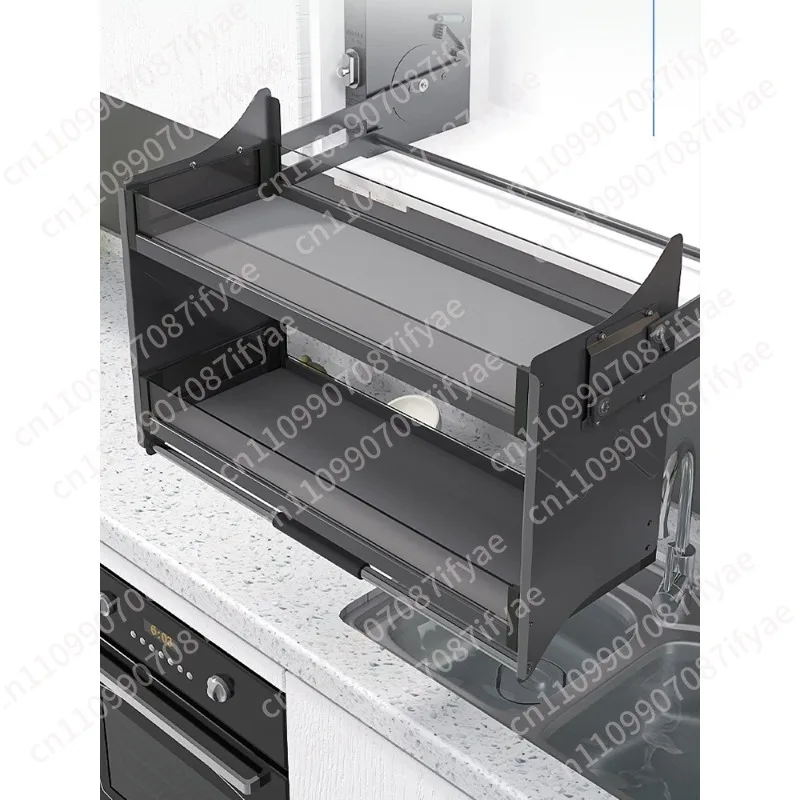 Kitchen hanging cabinet lift basket drop-down storage cabinet seasoning lift large capacity double seasoning rack