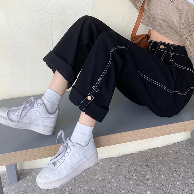 

Vintage high waist black jeans women Korean version of loose and thinwide-leg pants college style wild straight-leg pants