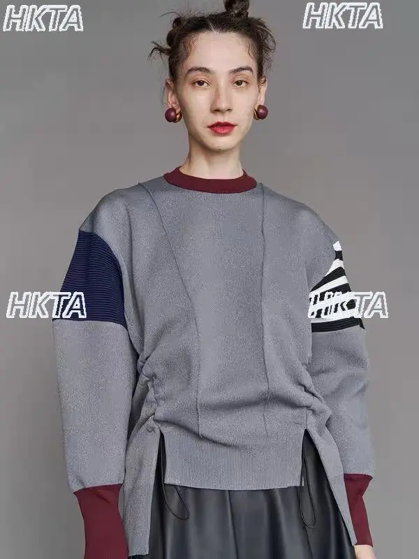 Japanese Autumn New Vintage Striped Stitching Color Matching Knitted Sweatshirt Loose Casual Drawstring hoodies Pullovers Women