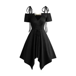 Women Black Dresses Cold Shoulder Lace Up Asymmetric Dress Tie Knot Shoulder Chain Solid Color Short Sleeve Dress