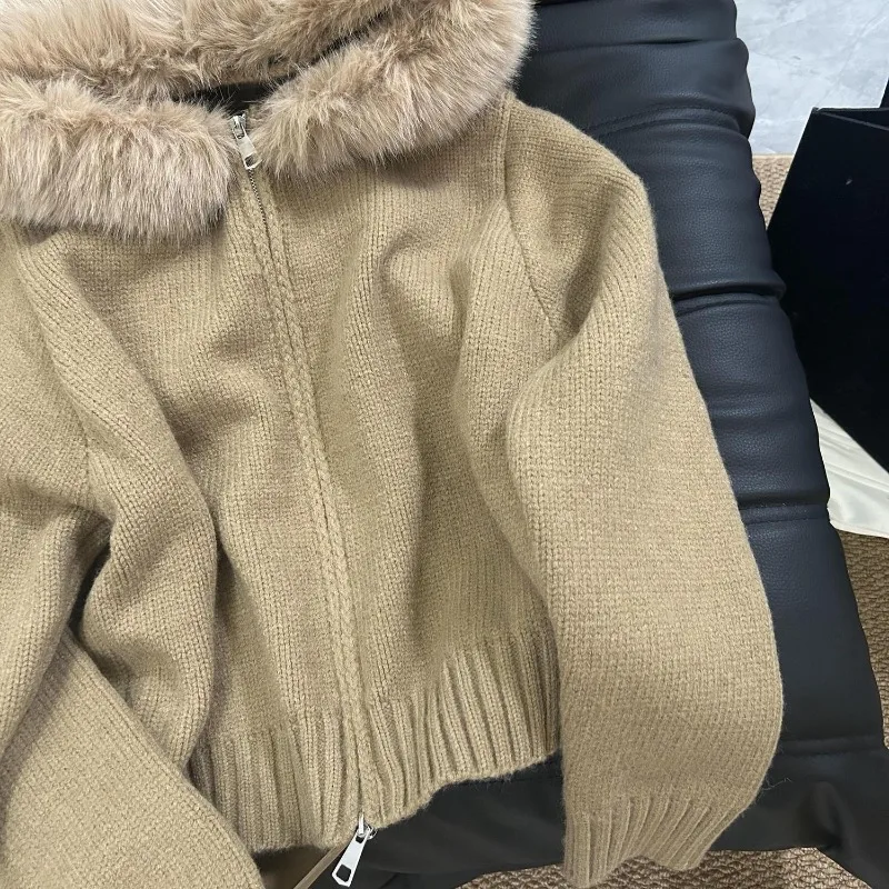 Long fur-trimmed hooded knitted coat Women Autumn and Winter New Collection Lazy Elegance Loose Zip-up sweater Jumper