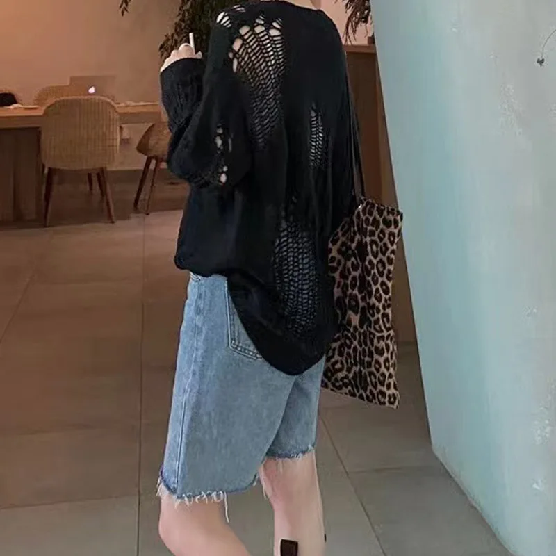Fashion Ins Style Thin Design Sexy Hollow Out Long Sleeved Knitted Sweater Unique Pullover Trend Tops With Holes Women Clothes ﻿