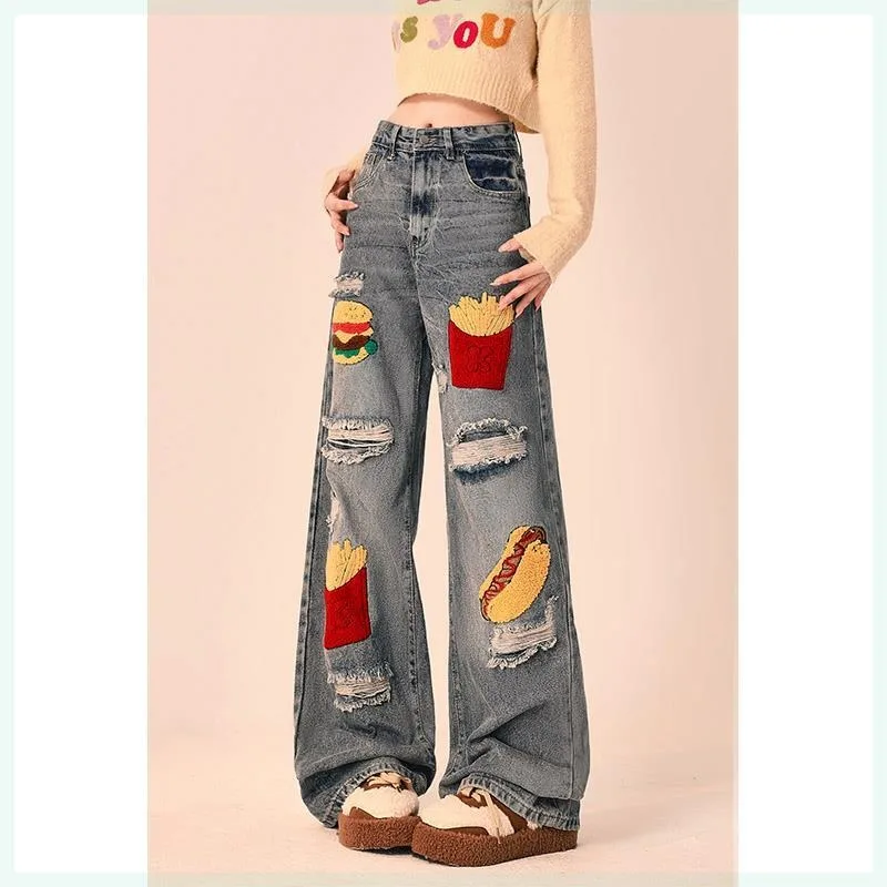 

2026 Autumn Winter New Burger Fries Patch Jeans, Unisex Loose Straight Wide Leg Pants, Fashion Design Casual Versatile Trousers