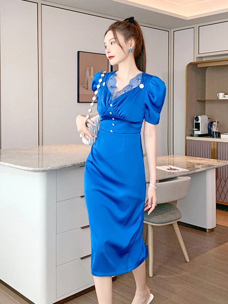 2023 Zomer Midi Vrouwen Jurk Zoete Elegante Zwarte Diamant Blauw Kant Gesplitst Bubble Korte Gewaad Femme Partij Straat Vestidos Mujer