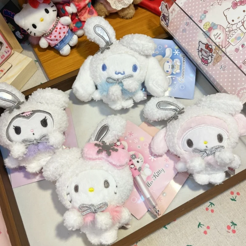 

Плюшевая игрушка Sanrio Snow Bunny, кавайная кукла KT Kuromi Cinnamoroll My Melody, чисто белая плюшевая игрушка-брелок, мягкие игрушки для подвешивания