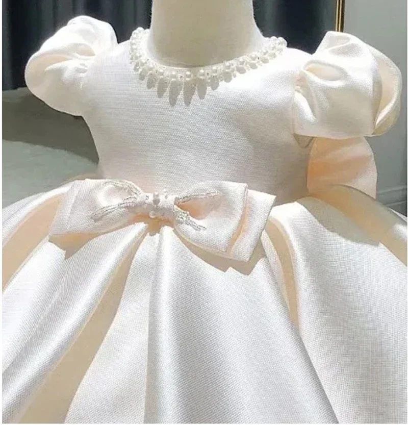 New Baby Girls Dress Beads Bow Newborn Baptism Dress Baby Girl Tutu 1st Year Birthday Party Dresses Puff Sleeves Toddler Clothes