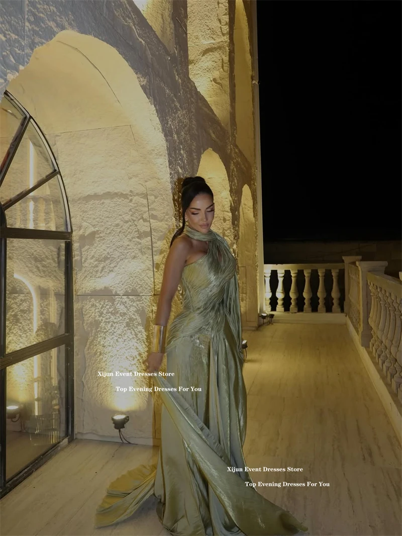 Xijun Elegant Green Long Evening Dresses One Shoulder Pleats Prom Gowns Silk Satin Formal Occasion Prom Dresses 2025 Customized image 4