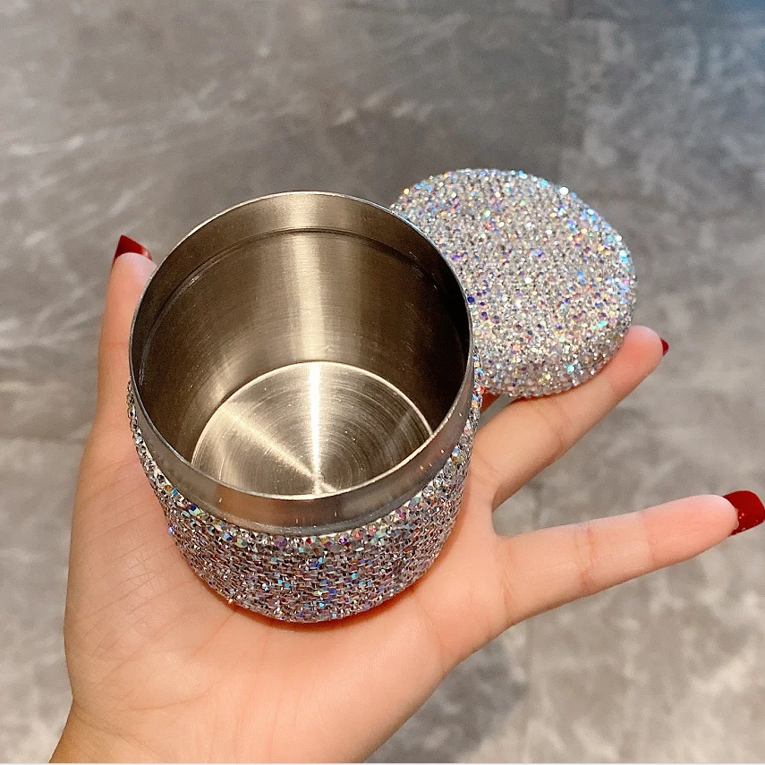 Shining Stainless Steel Toothpick Container Holder with Rhinestones Cotton Swab Storage Box Home Dust-proof Organizer