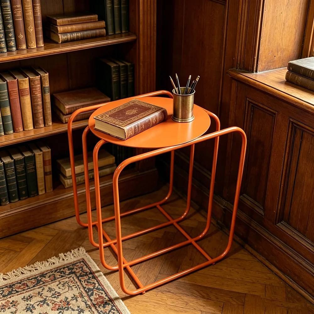 

Minimalist Orange Metal Round Side Table, Vintage Geometric Frame End Table, Small Sofa Side Accent Table