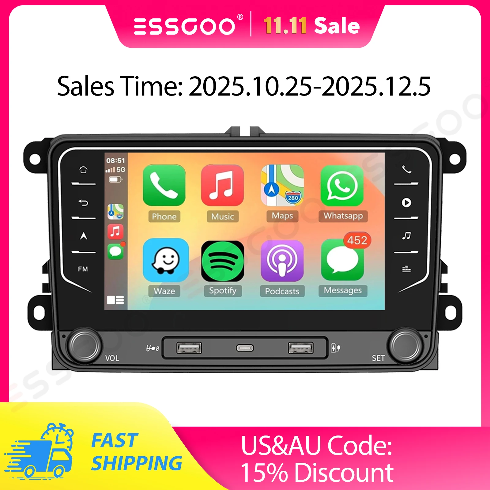 

7" Android 14 Carplay 2+64G For VW Volkswagen Jetta Passat Golf MK5 MK6 Car Stereo Radio GPS Navigation Head Unit Bluetooth WIFI