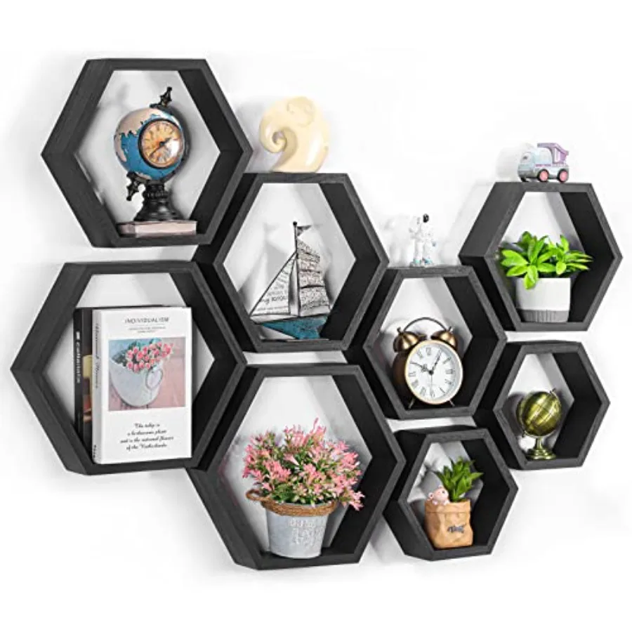 

Hexagon Shelves for Wall Hexagonal Floating Shelves Set of 8 Honeycomb Wood Shelves for Wall Decor Hanging Plants Shelf for Liv
