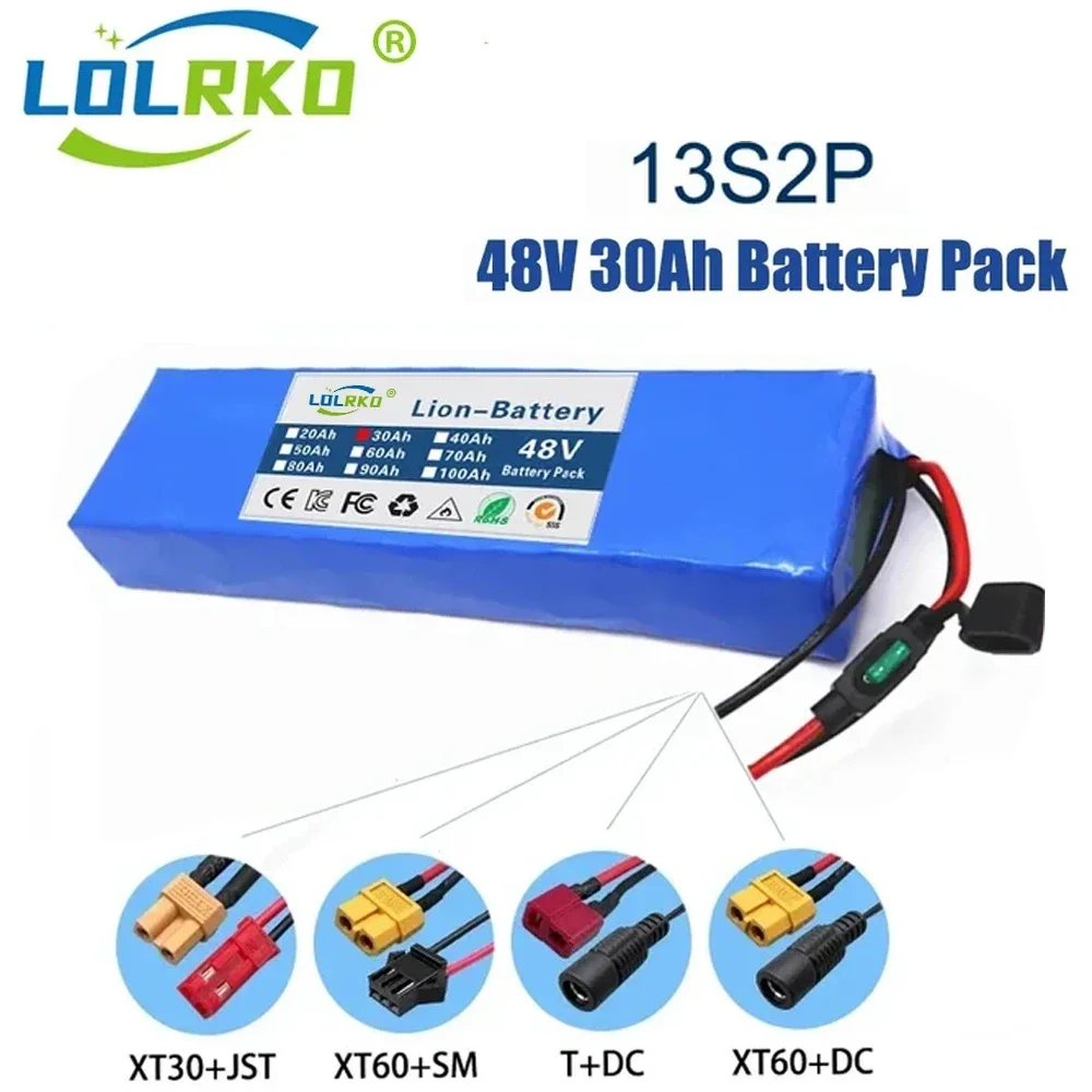 48V 30Ah 18650 Lithium Battery Pack 13S2P 1000W High Power Battery 54.6V 30000mAh BMS + Fuse